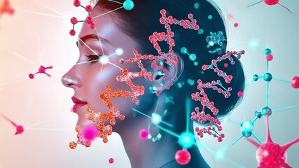 Biotechnology and Beauty: A woman's profile is interwoven with vibrant molecules, symbolizing the intersection of science and skincare.  The image evokes concepts of innovation, cellular regeneration.