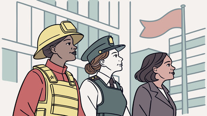 Crowd of smart and strong women of different professions: female soldier, firefighter, police officer, businesswoman. Career equality concept 