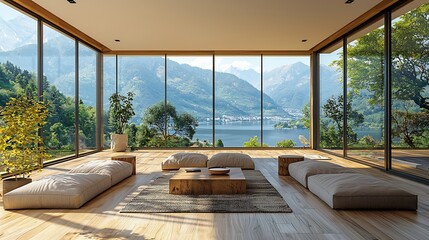 Contemporary minimalist living room with clean lines neutral tones sleek furniture and large windows creating a serene clutterfree environment with a focus on simplicity