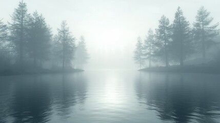 Obraz premium Misty lake, serene landscape, foggy trees.