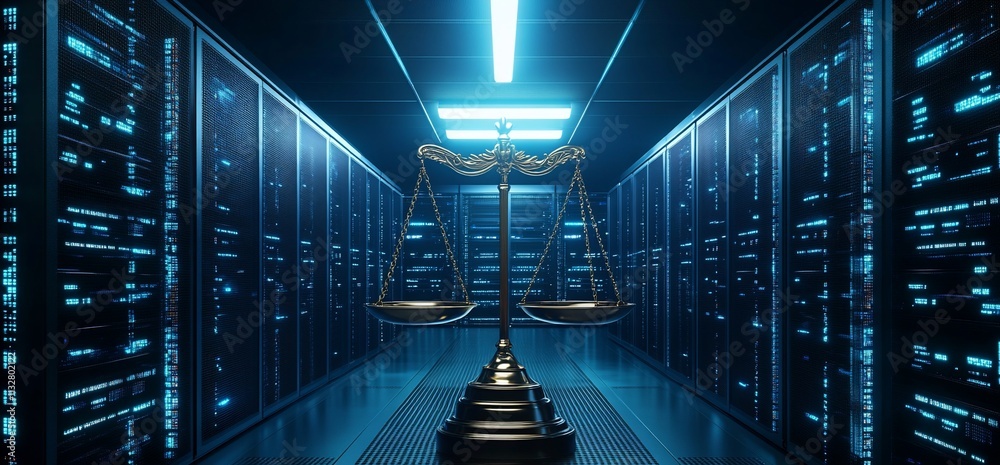 Poster A symbolic balance scale in a futuristic server room.