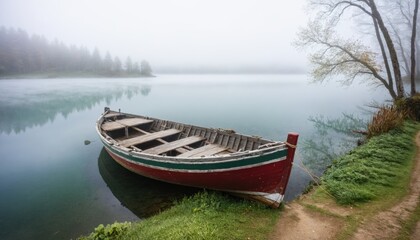 Old Wooden Fishing Boat Docked by Lake, Surrounded by Fog and Still Water