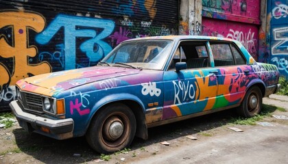 Old, weathered car covered in colorful graffiti, parked in an industrial urban setting with grunge textures around