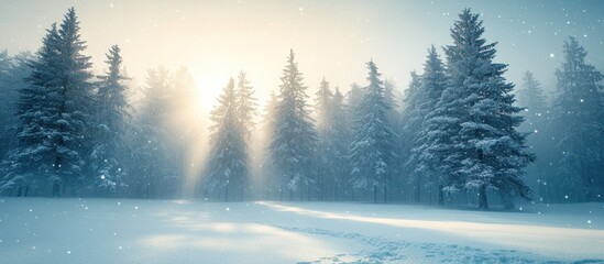 Fototapeta premium Sunlit snowy forest scene with snow-covered evergreen trees.