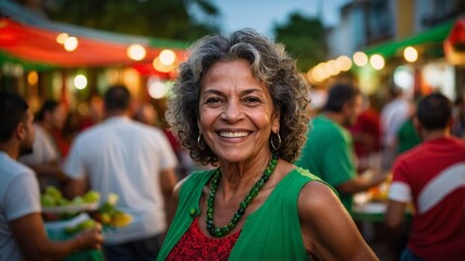 Fototapeta premium lady smiling at street party in green and red tones