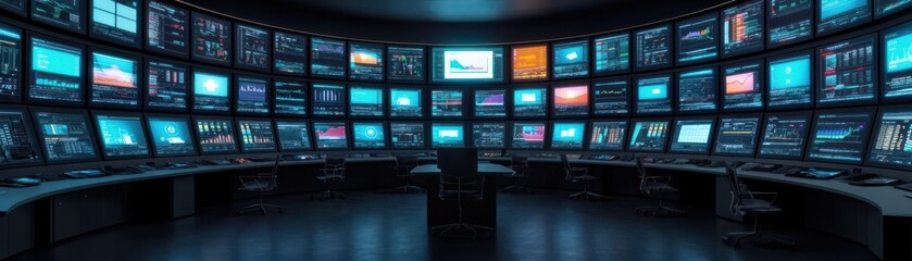 Naklejka premium A high-tech control room filled with multiple screens displaying various data and visuals, designed for monitoring and analysis.