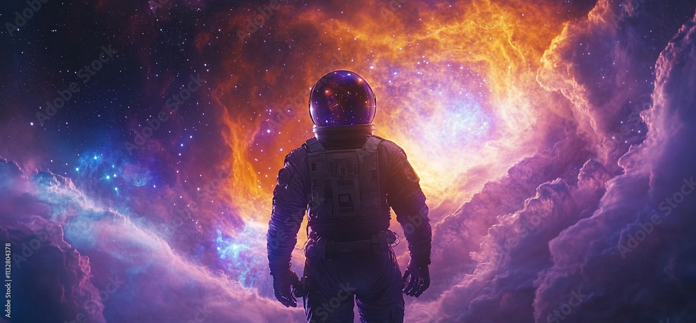 Poster an astronaut gazes into a vibrant cosmic nebula, exploring the universe.