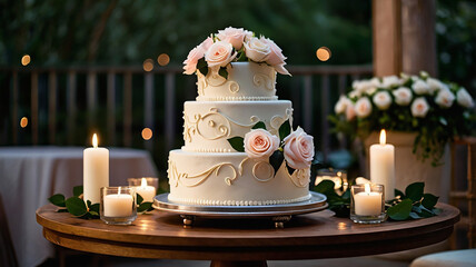 A beautifully decorated wedding cake sits on a table surrounded by flickering candles, creating a romantic ambiance.