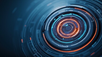 A futuristic circular design featuring glowing blue and orange elements, suggesting technology and digital innovation.