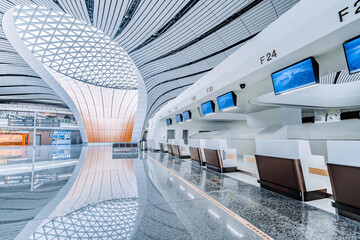 Check in counter at Daxing Airport Terminal in Beijing, China