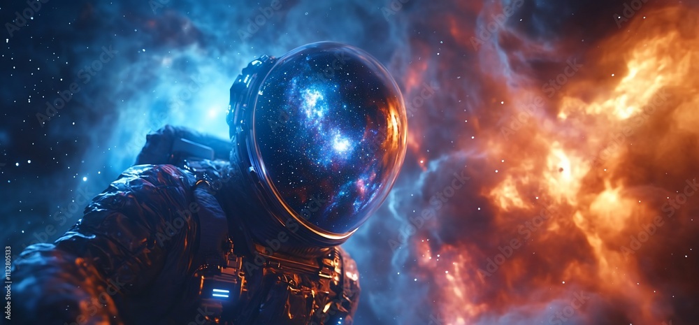 Poster astronaut in space with a cosmic backdrop of blue and orange nebulae.
