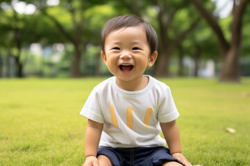 Adorable baby boy enjoying a sunny day in the park, laughing with pure joy