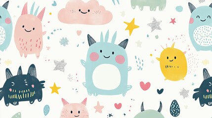 Cute Friendly Monsters and Stars Pattern Design