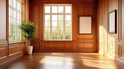 Fototapeta premium Bright and Spacious Wooden Interior with Large Windows and Plant