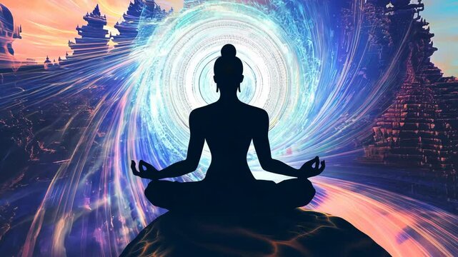 Silhouette of a person meditating in lotus position. Surreal enlightenment, metaphysical awakening esoteric motion graphics. Meditation, transcendence, spiritual aura, chakra healing concept.