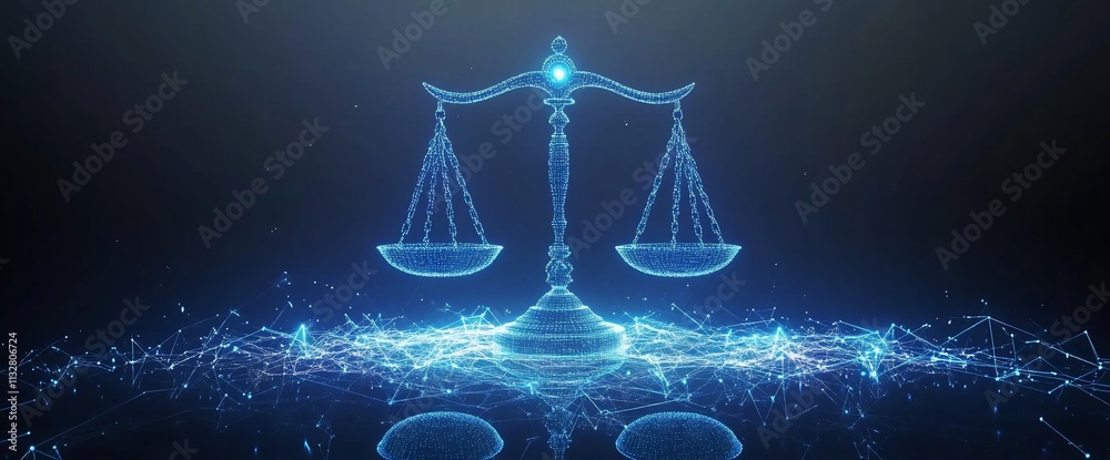 Poster digital representation of balanced scales symbolizing justice and law.