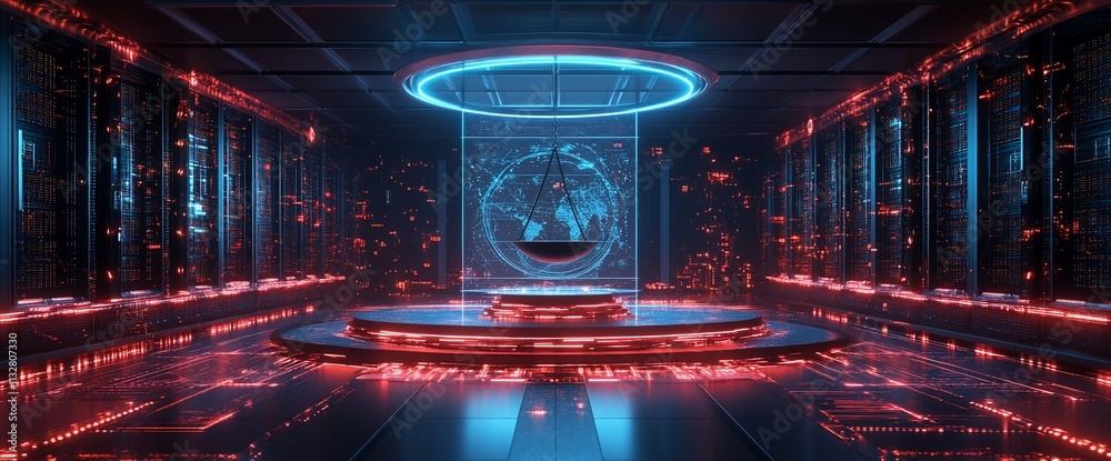 Poster futuristic digital environment with a holographic globe and glowing elements.