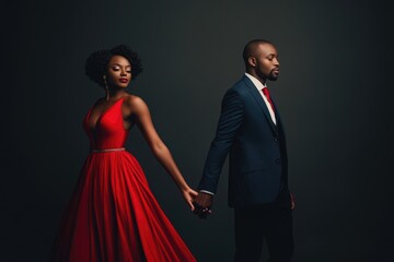 Elegantly dressed African American couple holding hands against a dark background.