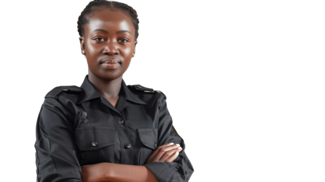 African middle age female security , confident and arms crossed on white background
