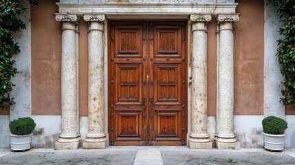 Fototapeta premium Ornate Wooden Doorway Framed by Elegant Stone Columns