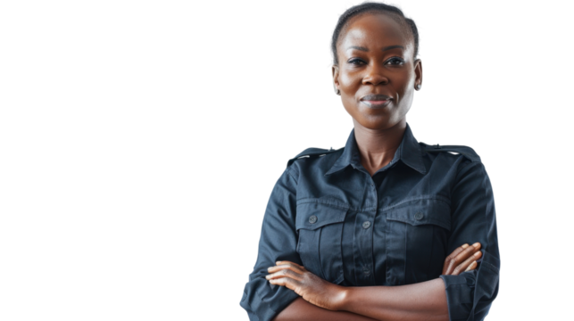African middle age female security , confident and arms crossed on white background
