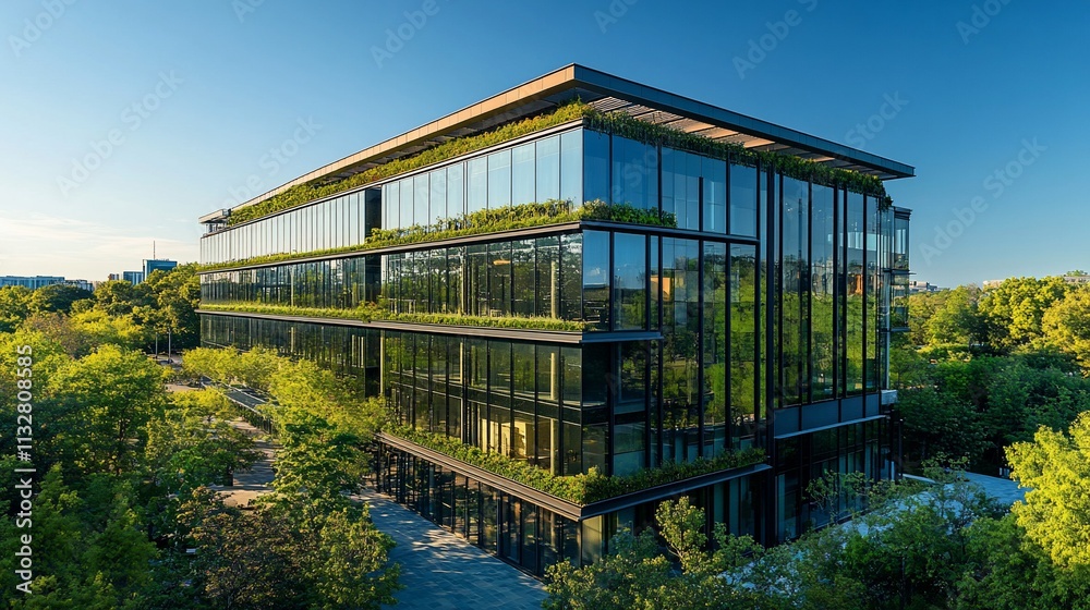 Poster modern glass building surrounded by greenery and trees under a clear sky.