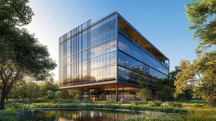 Modern glass building surrounded by greenery and water, showcasing sustainability.