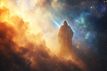 Obraz premium Celestial Ascension Divine Figure in Cosmic Nebula A Spiritual Journey Through the Heavens