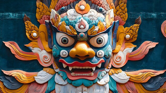 6. The intricate, colorful designs of a Tibetan thangka painting displayed in a monastery