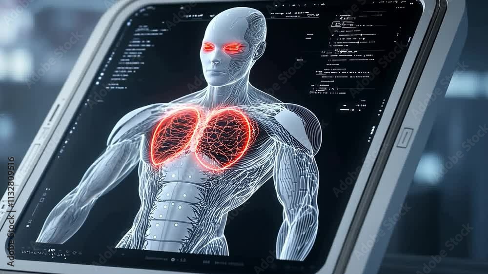 Poster biocomputer display of a humanoid figure showcasing internal anatomy and data visualization in a fut