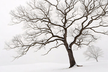 Fototapeta premium A large leafless tree with sprawling branches dusted in snow stands against a serene, white winter landscape, exuding quiet beauty and strength