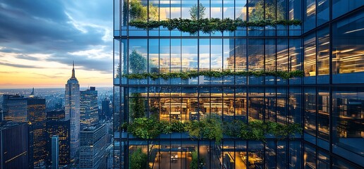 Fototapeta premium Modern office building with greenery and city skyline at sunset.