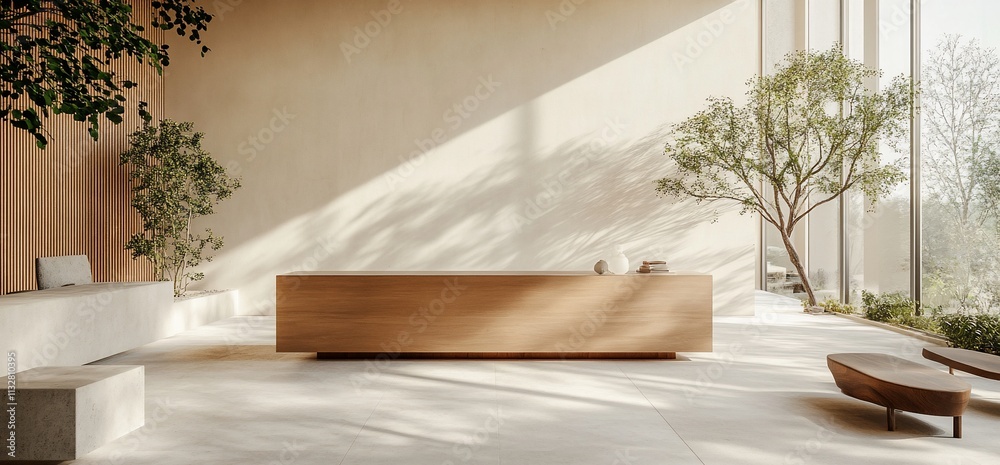 Poster modern reception area with natural light and minimalist design.