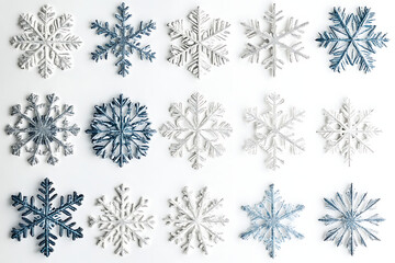 Fototapeta premium Variety of Unique Snowflakes with Symmetrical Designs for Winter and Christmas.