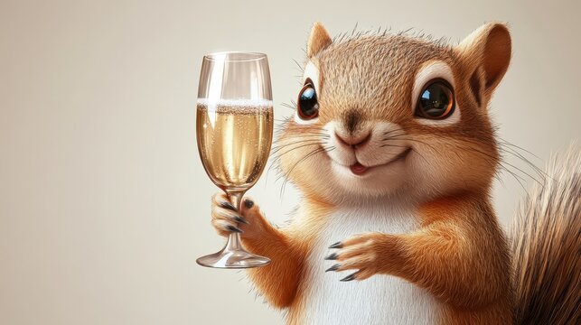 cartoon funny crazy squirrel with glass of champagne isolated on light background
