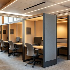 Modern office, individual workspaces, wood, computers, privacy.
