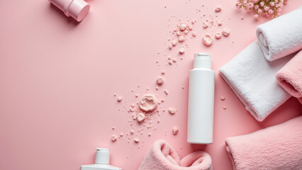 Naklejka premium Soft textures in a pink spa setting with scattered rose petals and soap bubbles.