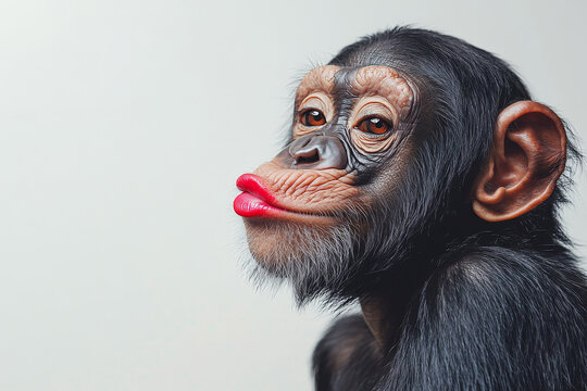 funny chimpanzee with red kissing lips on white background, Valentine's day, love, for advertising
