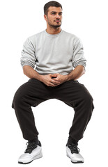 A young man sitting and wearing grey sweater and black pants isolated over transparent background, PNG, cutout ready for architectural visualisation	
