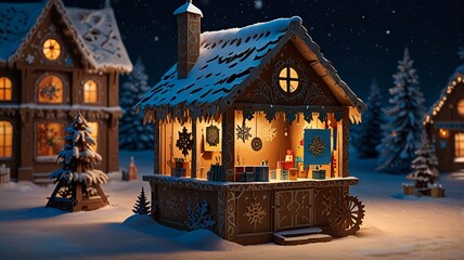 Cozy Winter Night at Christmas Market with Snowy Pines & Lights V9