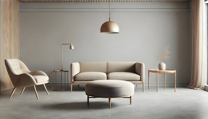 Fototapeta premium Minimalist Living Room with Neutral Color Palette and Pendant Light