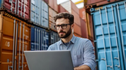 A man in glasses working on a laptop surrounded by shipping containers in a warehouse setting.