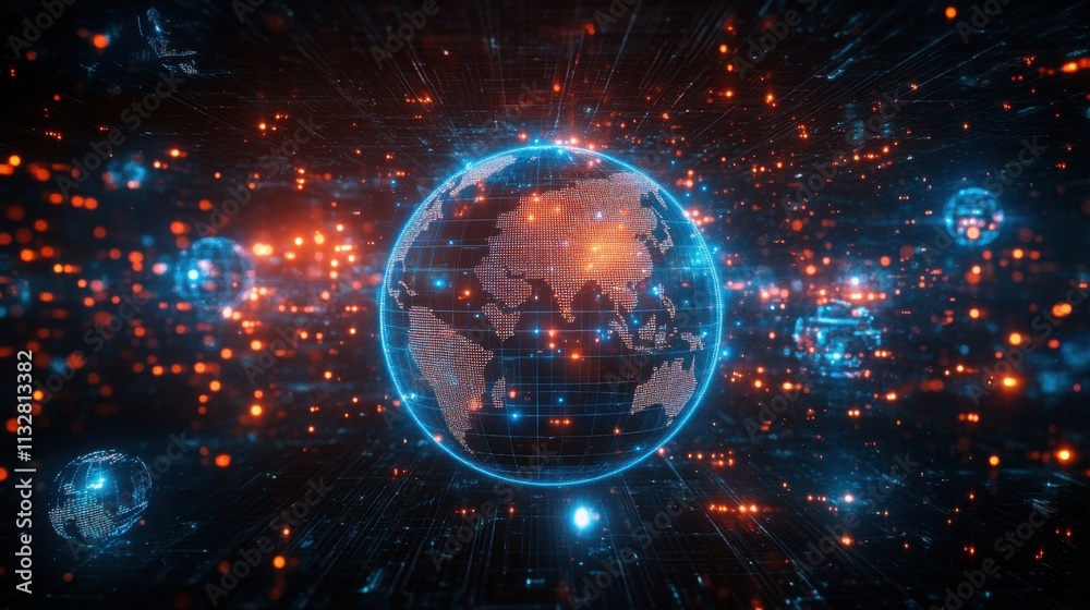 Poster global connectivity visualization with digital world map and data flow
