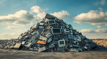 Mountain of E-Waste Computers and Electronics in Landfill Environment