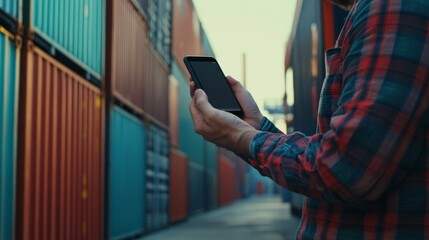 A person in a plaid shirt holds a smartphone while standing between colorful shipping containers.