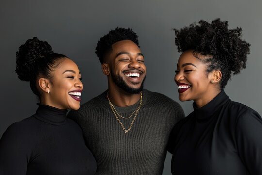 Three young Black adults, two women and one man, laugh together joyfully. - Powered by Adobe
