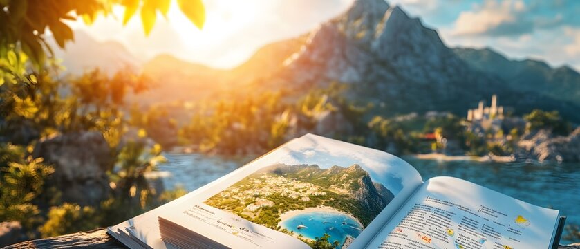 Open travel guide on a rocky ledge overlooking a stunning bay surrounded by mountains and lush greenery with a vibrant sunset casting a warm glow