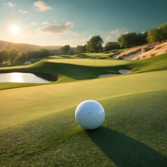 Fototapeta premium Pristine Golf Ball on a Scenic Golf Course at Sunset