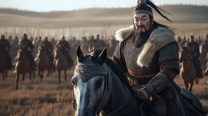 Genghis Khan leading Mongol cavalry into battle, historical reconstitution of 13th century warfare.

