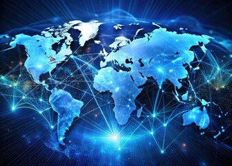 Fototapeta premium Abstract blue double exposure merges Eurasia, Africa, and the Arabian Peninsula, visualizing global financial markets.